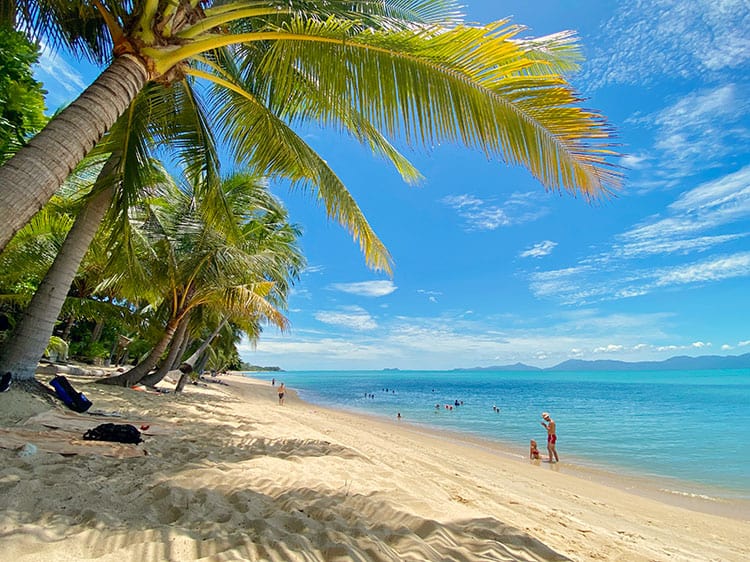 Maenman beach in Koh Samui, Thailand, beach with palm trees, bluest water and some tourists