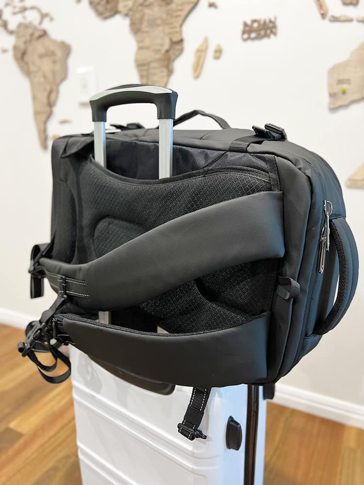 OUTWALK 1.0 a Stylish Travel Back Pack Review - Backpack attached to the roll on suitcase