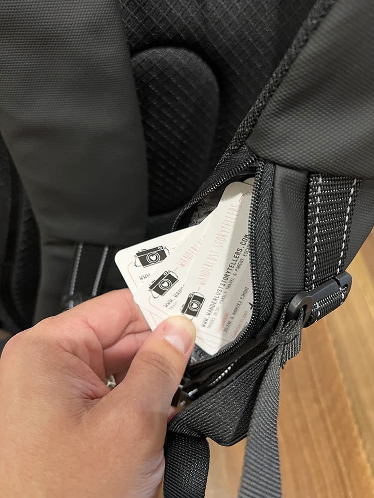 OUTWALK 1.0 a Stylish Travel Back Pack Review - Credit Card Compartment in the Shoulder Strap