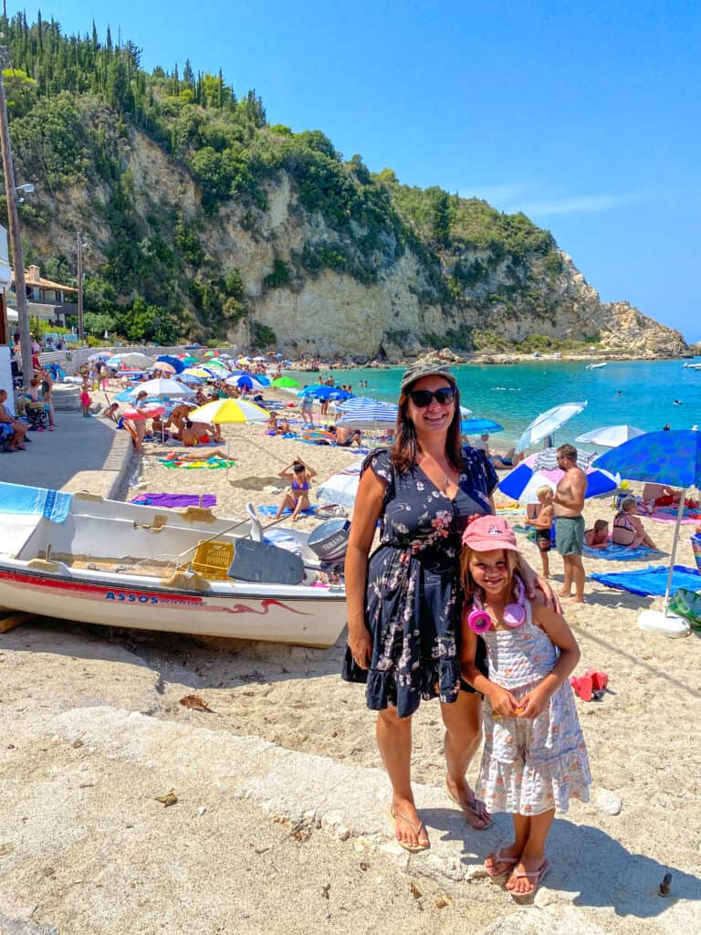 Agios Nikitas in Lefkada, in Greece, mother and daughter at the beach