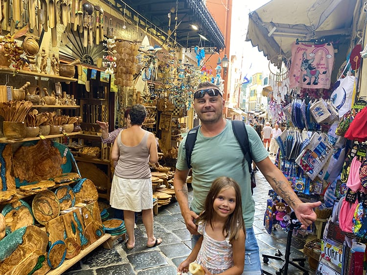 Exploring Cofrfu Old Town, Father and Daughter in the little alley