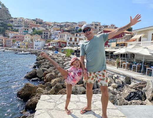 Parga Travel Guide - father and daughter and Parga town in background