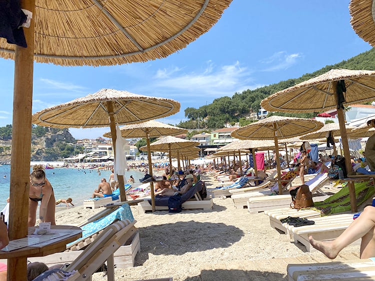 Parga Travel Guide - Krioneri Beach in Parga, sunbeds and parasols at the beach