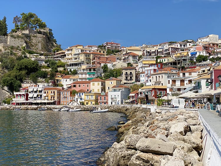 Parga Travel Guide - Parga Harbour, restaurants and walkway, view of the Parga Castle