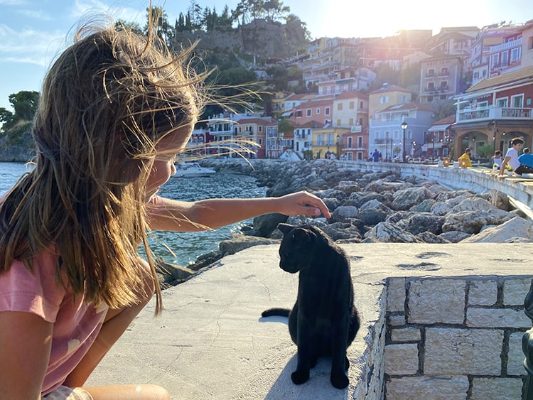 Parga Travel Guide - girl feeding a cat at the Parga harbour