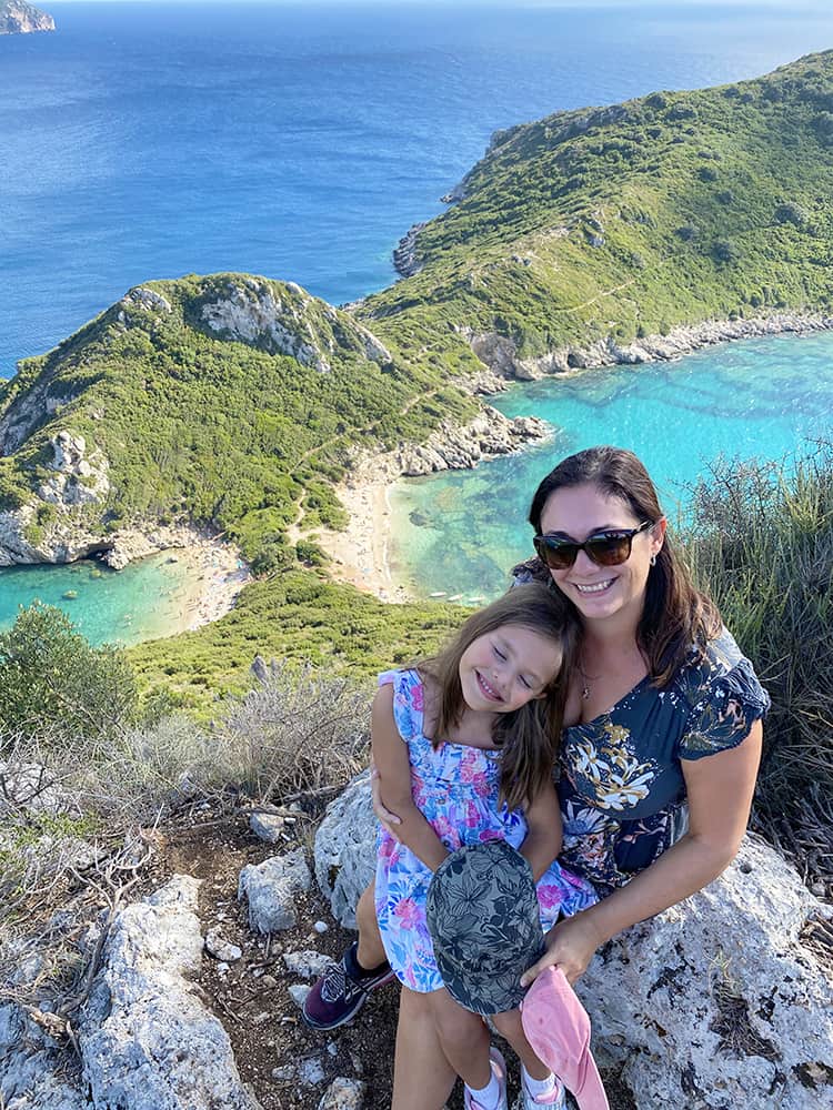 Visiting Porto Timioni, Corfu, Greece, Mother and Daughter at the Porto Timoni Viewpoint