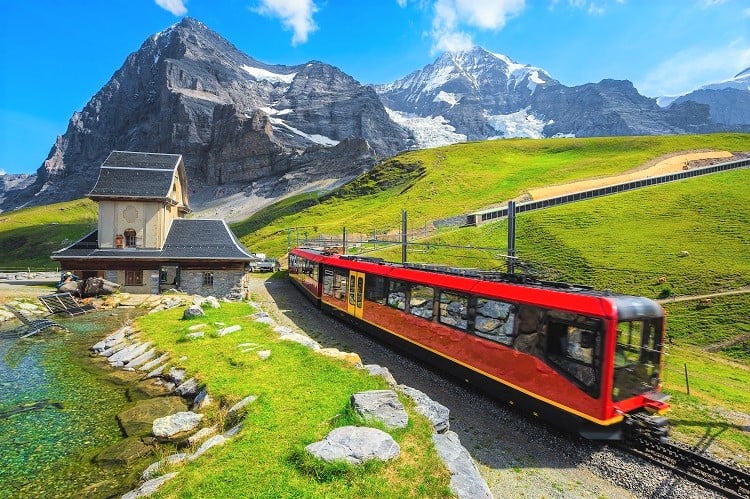 Cogwheel tourist train coming down from the mountain, Jungfraujoch, Switzerland