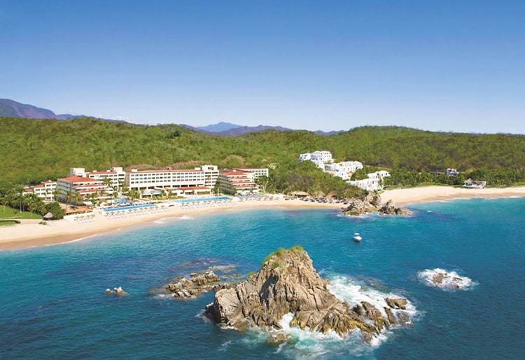 Dreams Huatulco Resort & Spa, Santa Cruz Mexico, aerial resort view from the water and beach