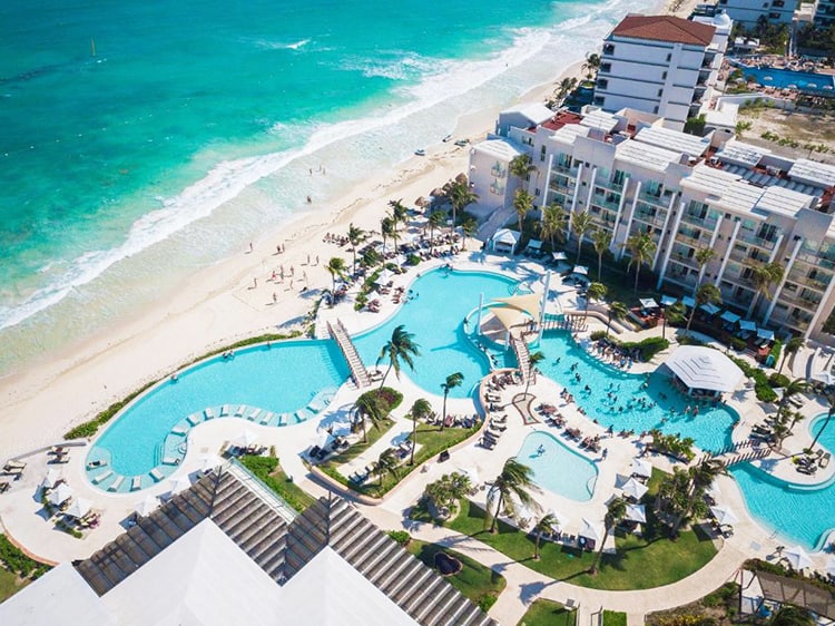 Dreams Jade Resort & Spa in Mexico, aerial view of the resort pools by the beach