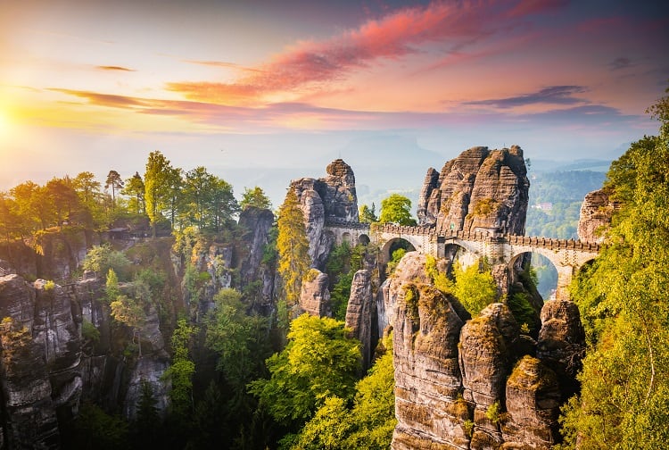 Elbe Sandstone Mountains in the evening light. Location Saxon Switzerland national park