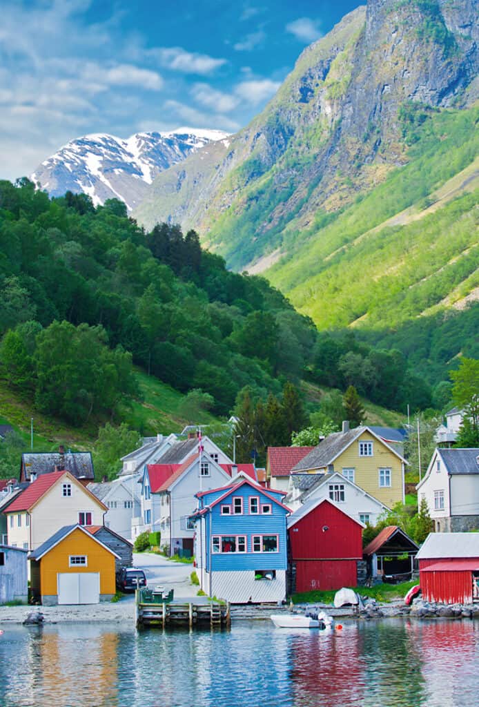 Village and Sea view on mountains in Geiranger fjord, Norway