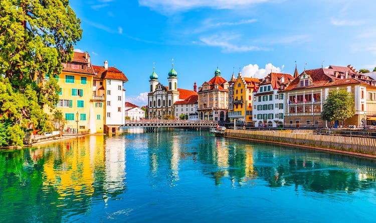 Lucerne in Summer, Switzerland, buildings on the water