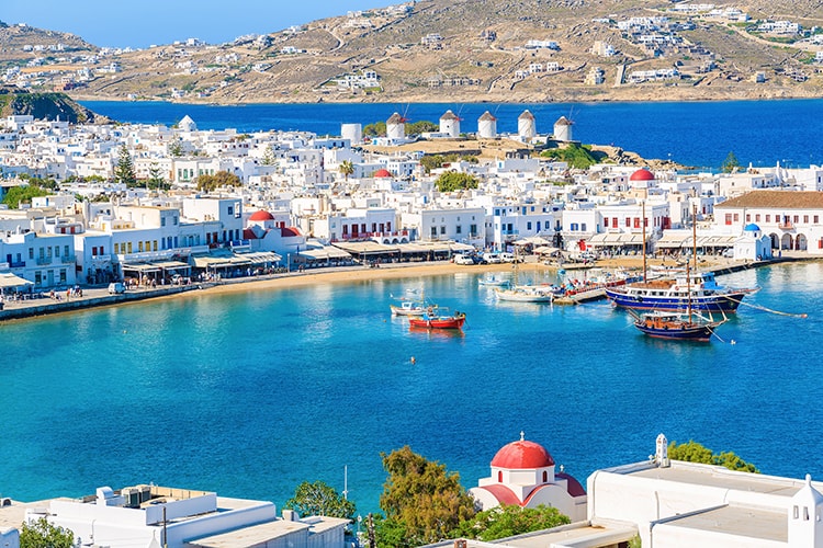 Mykonos in September, Greece, Cruise around Mykonos, View from the top, Old Harbour, Windmills in the background