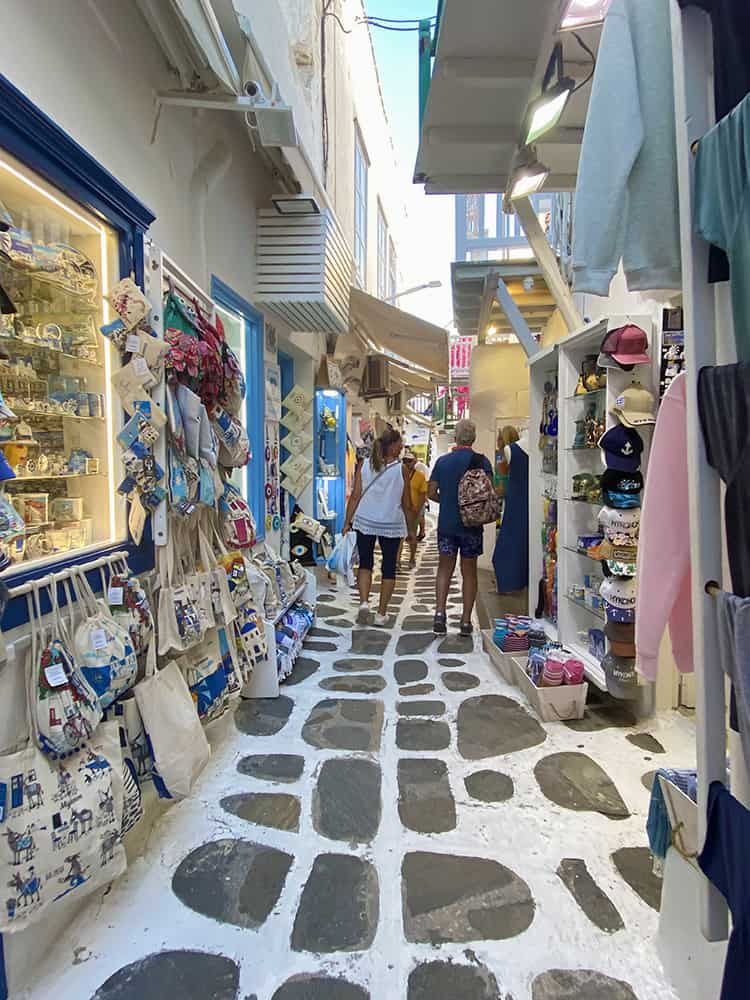 Mykonos in September -  Mykonos Old Town, shops, streets, alleys, cobble stone, white buildings, Greece