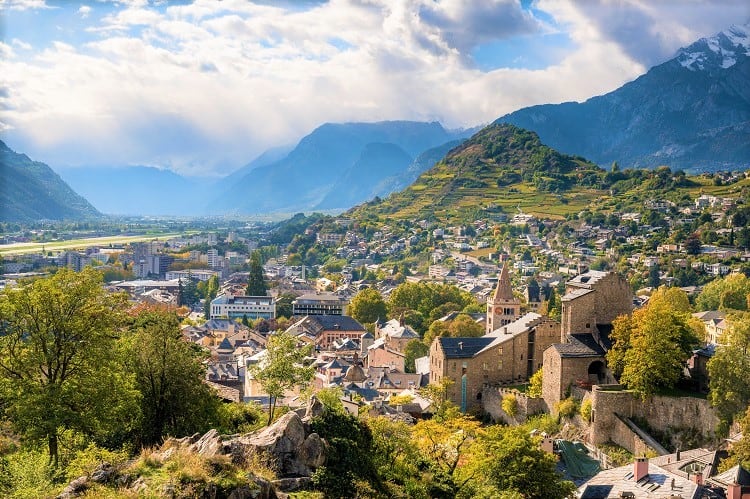 Sion in Switzerland, view from the top, some ruins of the castle, town, mountains