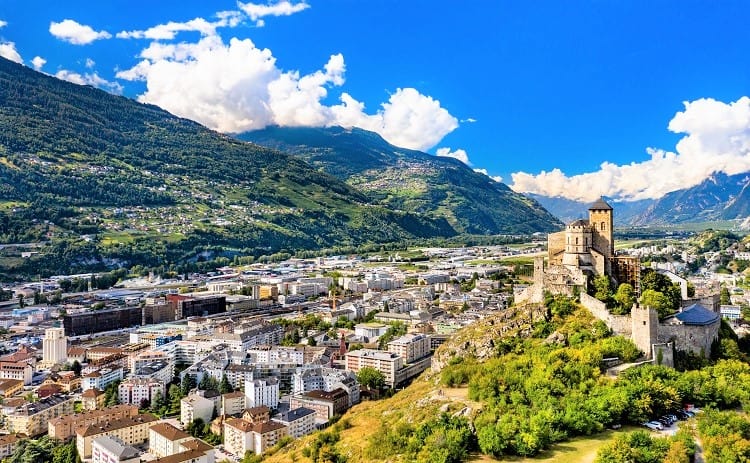 Town of Sion in Switzerland, ruins of a castle, valley in background