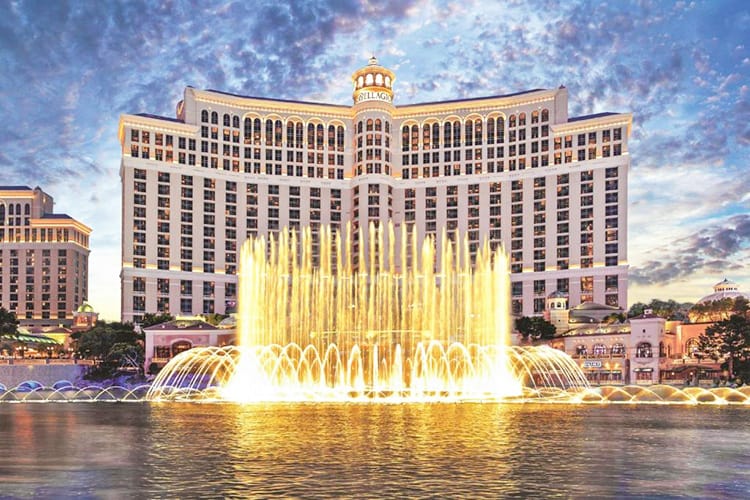 Bellagio Las Vegas, USA, hotel view with the iconic fountain in the foreground