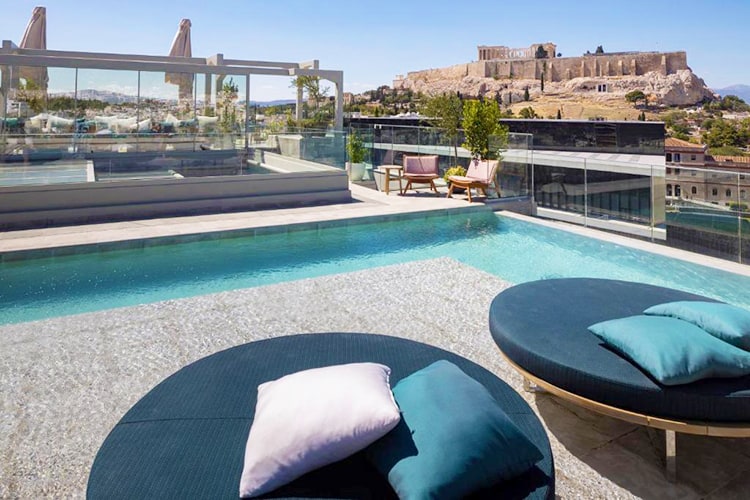 Coco-mat Athens hotels with rooftop pools, Greece, rooftop pool are with a view of Acropolis