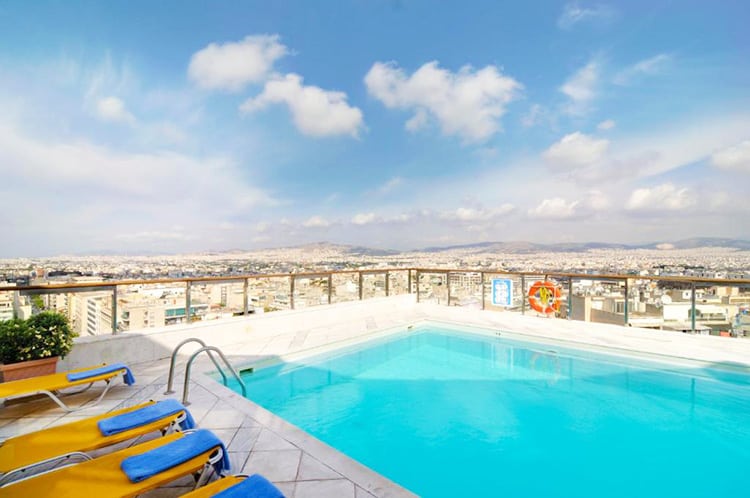 Dorian Inn Athens, Greece, roof top pool with views of the city