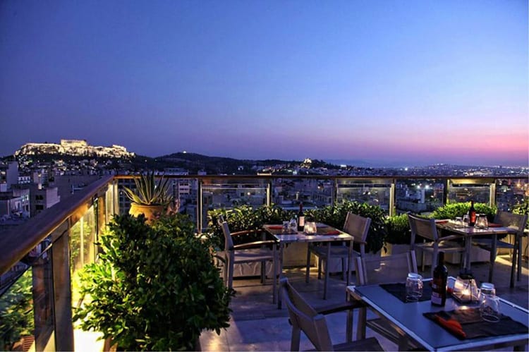 Dorian Inn Athens, Greece, rooftop views of the restaurant and Acropolis