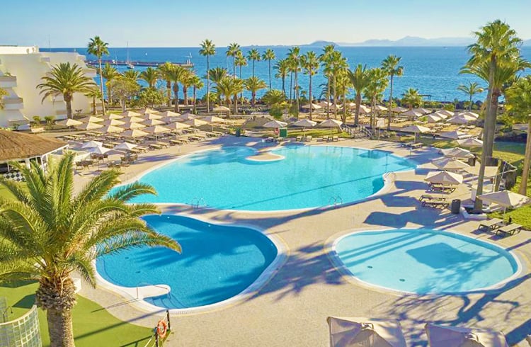 Dreams Lanzarote Playa Dorada Resort and Spa, Canary Islands, aerial view of the resort pools