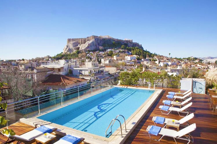 Electra Palace Athens, roof top pool with view of the Acropolis