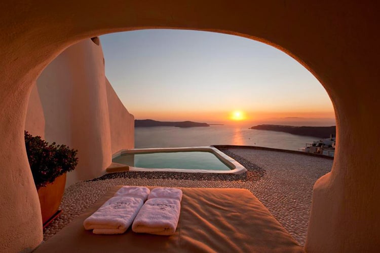 Kapari Natural Resort, best Santorini hotels with private pools, sunset with the pool
