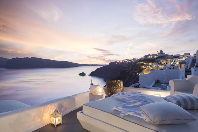 Katikies Kirini Santorini, best hotels in Santorini with a private pool, evening