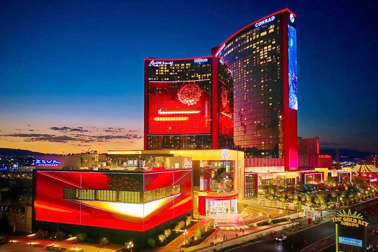 Las Vegas Hilton at Resorts Worlds, Nevada, USA, hotel view at night