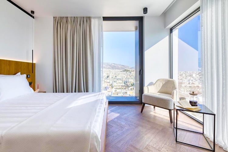 Neoma Athens hotels with rooftop pools, Greece, bedroom with a city view