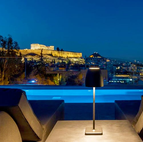Neoma Athens hotels with rooftop pools, Greece, rooftop pool, sun loungers and view of Acropolis