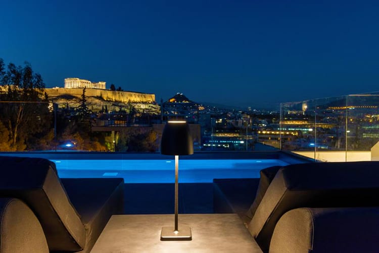 Neoma Athens hotels with rooftop pools, Greece, rooftop pool, sun loungers and view of Acropolis