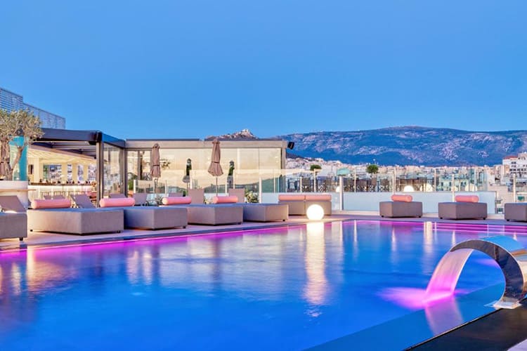 The Stanley Hotel Athens, Greece, roof top pool at night