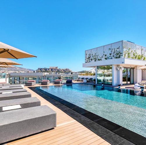 The Stanley Hotel Athens, Greece, roof top pool with views, square image