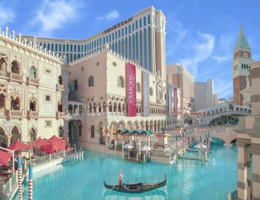 The Venetian, best family-friendly hotels in Las Vegas, gondola on the canal, restaurants and resort view