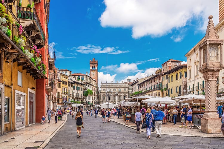 View of buildings and food market in Verona in Italy - one of the best cities close to Milan