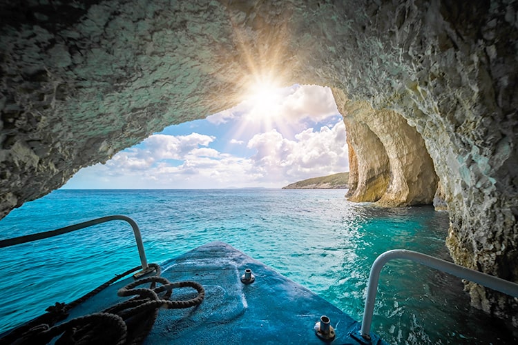 Best Boat Tours Zakynthos, Blue Caves photo from the cave towards the sun