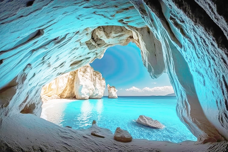 Best Boat Tours Zakynthos, Blue Caves, photo taken from inside of the cave, beach and water view