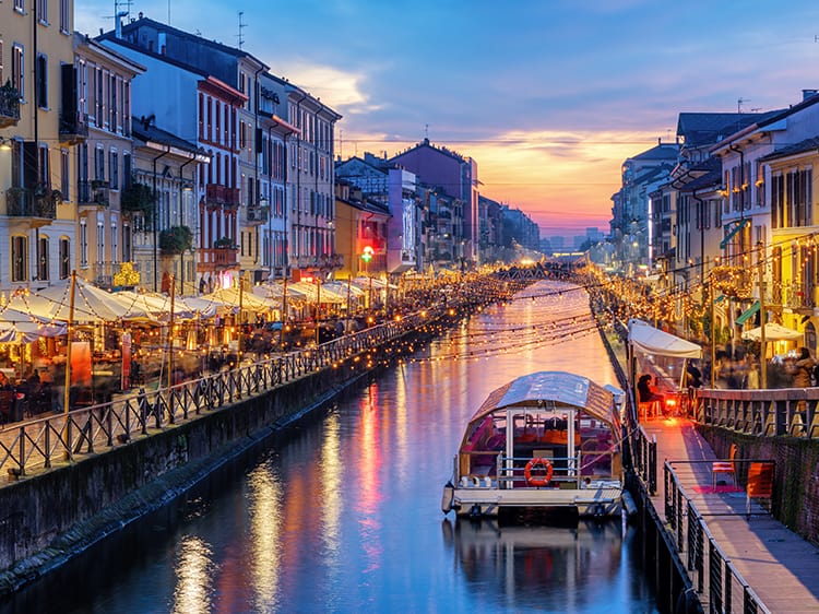 Naviglio Canal Restaurants in the evening, Milan, Italy