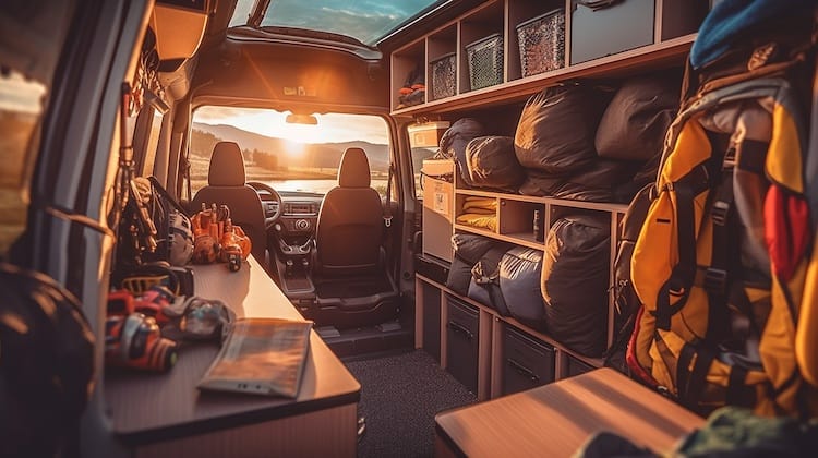 Internal View of Packed Campervan with essentials for trip