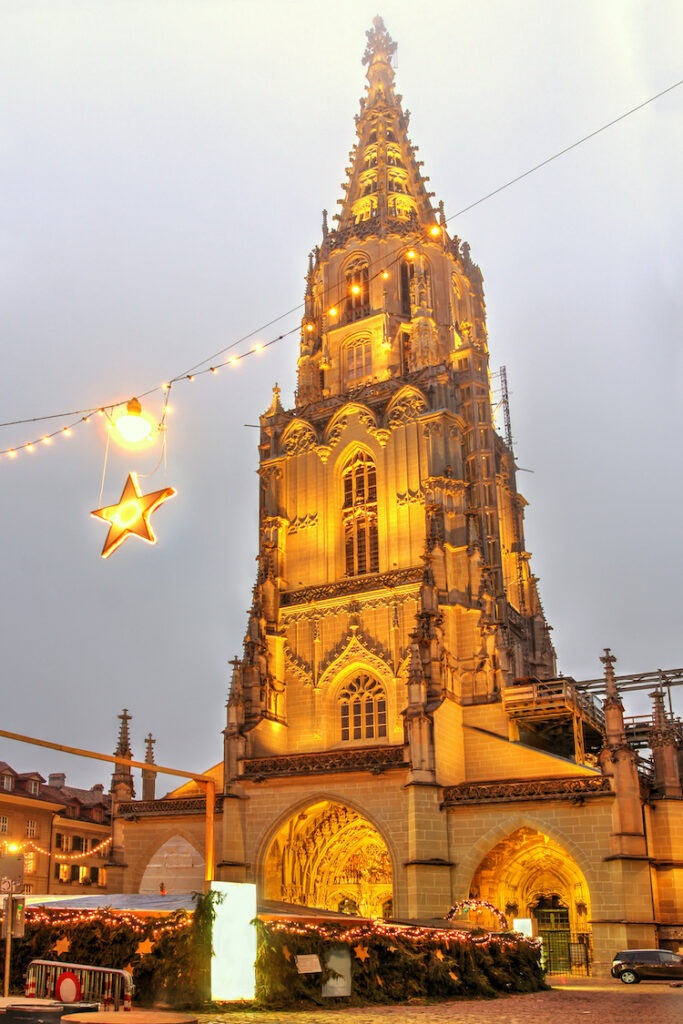 Bern Minster and the Bern Sternenmarkt Christmas Market in Switzerland