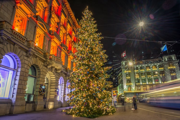 Decorated Christmas Tree in Zurich Town Center