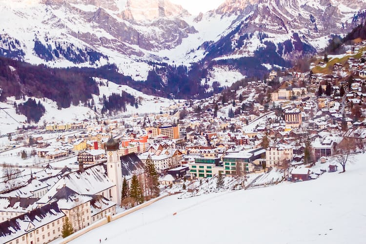 Engelberg Town and Mountains Covered in Snow in Winter