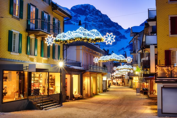 Christmas decorations in Engelberg town in Switzerland