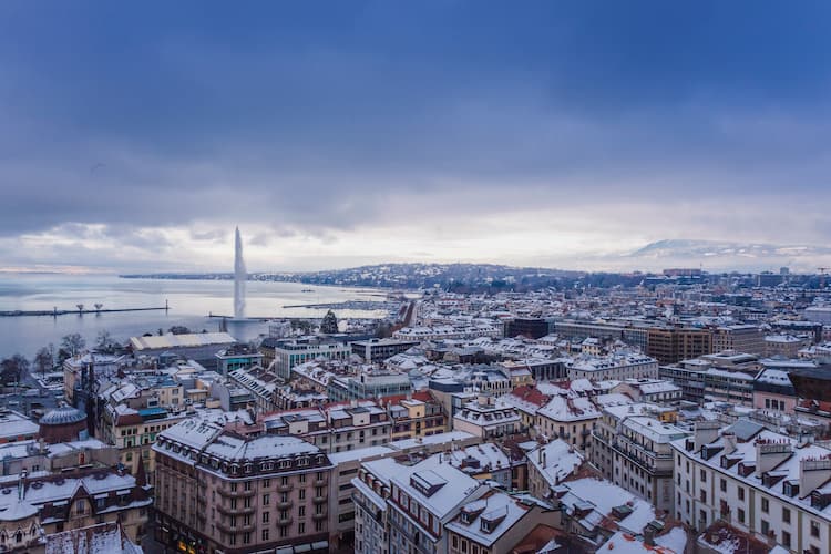 Geneva Old Town in winter with snow