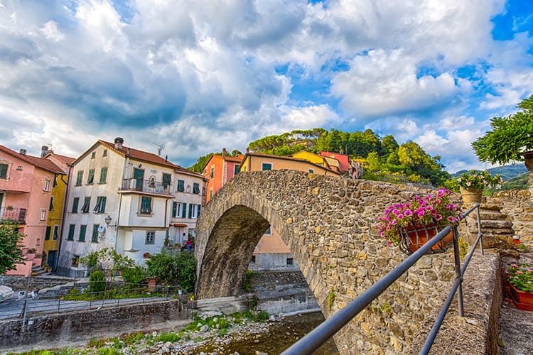 Picturesque Italian town of Varese Ligure, La Spezia with the Roman bridge, Italy