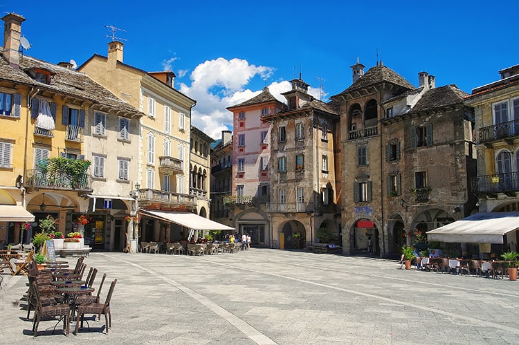 View on central square of Domodossola, Piedmont, Italy