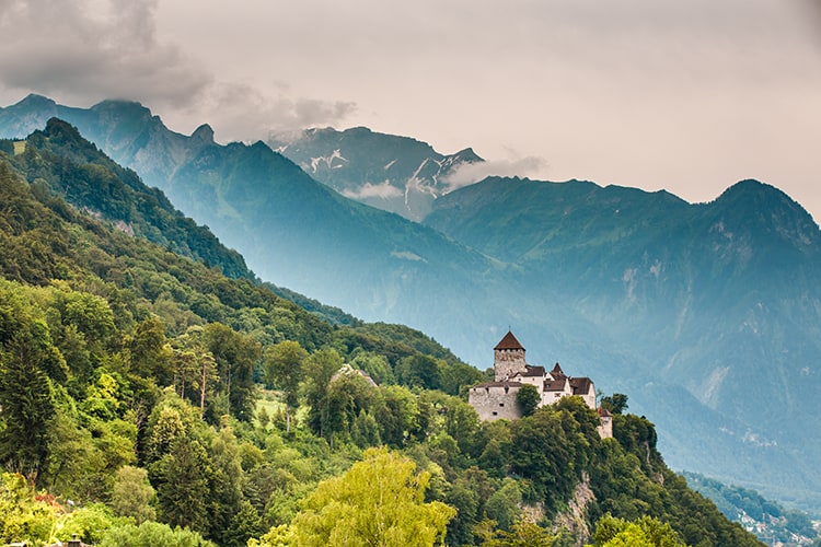 Wide view of Vaduz castle and Alps, Lichtenstein