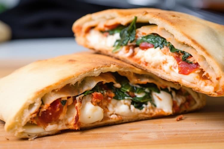 Calzone folded pizza cut in half, revealing its filling