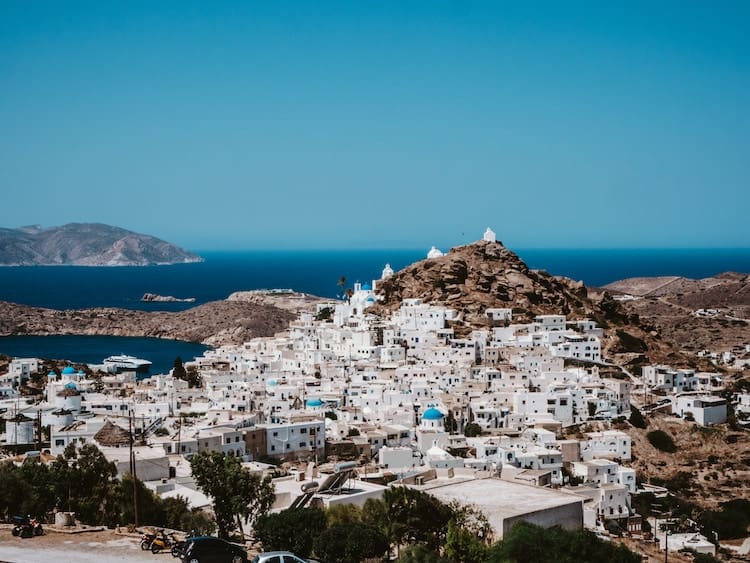 Ios in Greece view from Mountain of town and sea